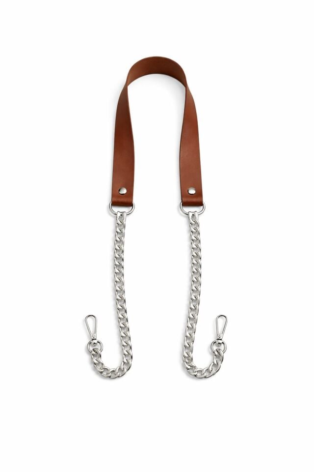 Nildenhobim Suni Derili Papağan Kancalı Gümüş Renk Zincirli Çanta Saplar - 115 Cm ( Taba Deri )