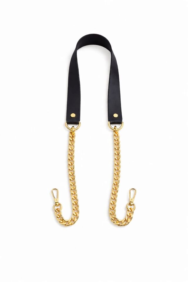 Nildenhobim Suni Derili Papağan Kancalı Altın Renk Zincirli Çanta Saplar - 115 Cm ( Siyah Deri )