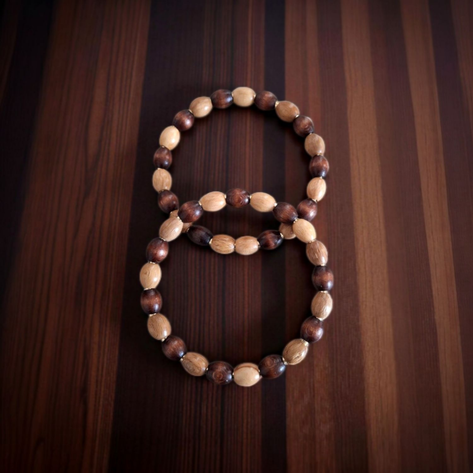 Nildenhobim Altın Renk Aksesuarlı Ahşap Boncuklu Metal Çanta Sap - Çap 12 Cm ( Koyu - Açık Ahşap Renk )