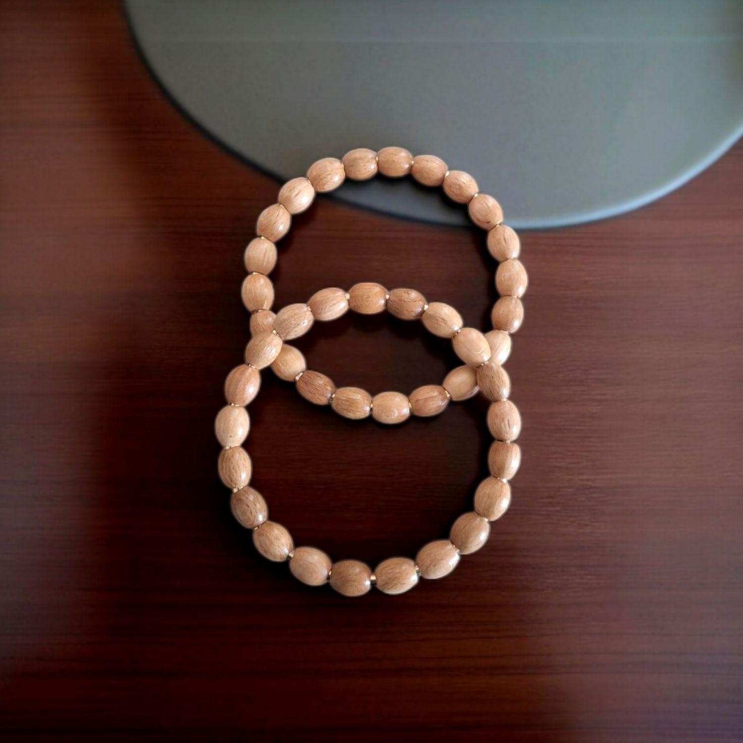 Nildenhobim Altın Renk Aksesuarlı Ahşap Boncuklu Metal Çanta Sap - Çap 12 Cm ( Açık Ahşap Renk )