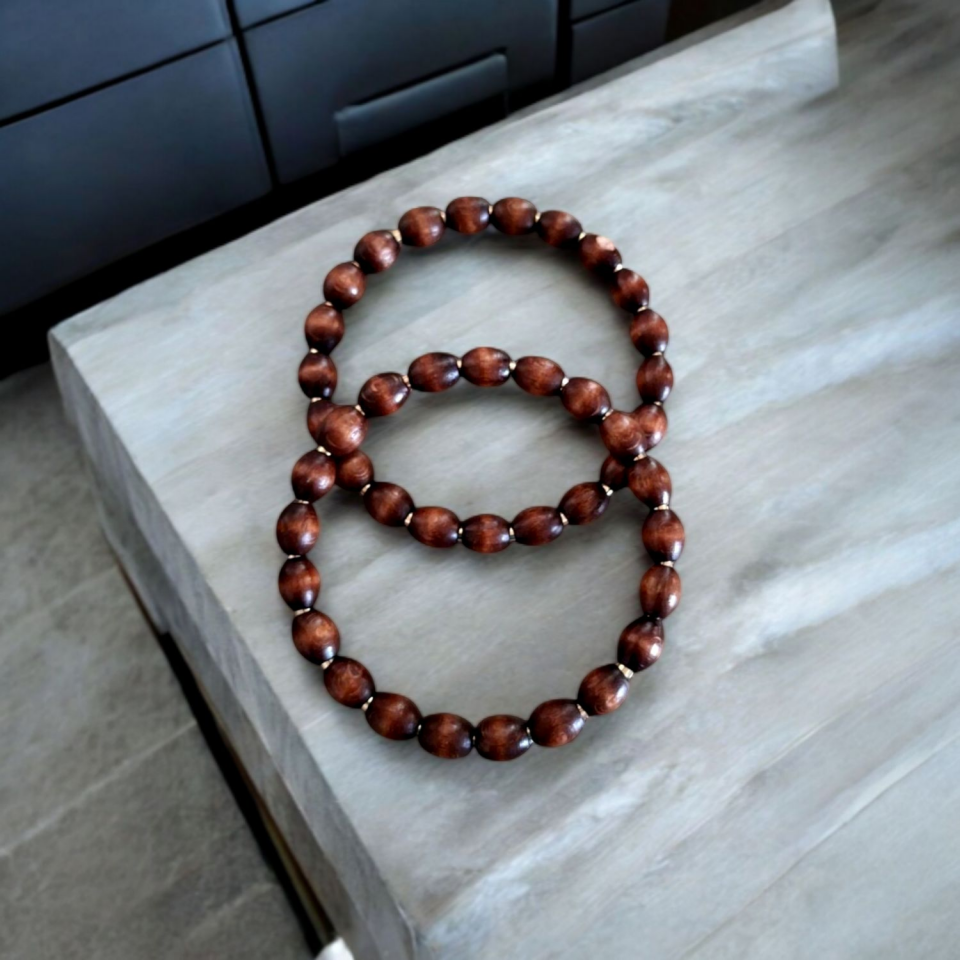 Nildenhobim Altın Renk Aksesuarlı Ahşap Boncuklu Metal Çanta Sap - Çap 12 Cm ( Koyu Ahşap Renk )