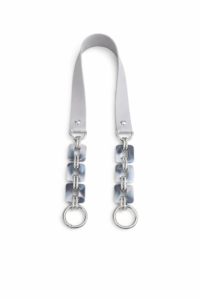 Nildenhobim Suni Derili Akrilik Kare Model Örgü ve Deri Çanta Sapları - 70 Cm ( Gümüş Renk Aksesuar - Gri Deri )