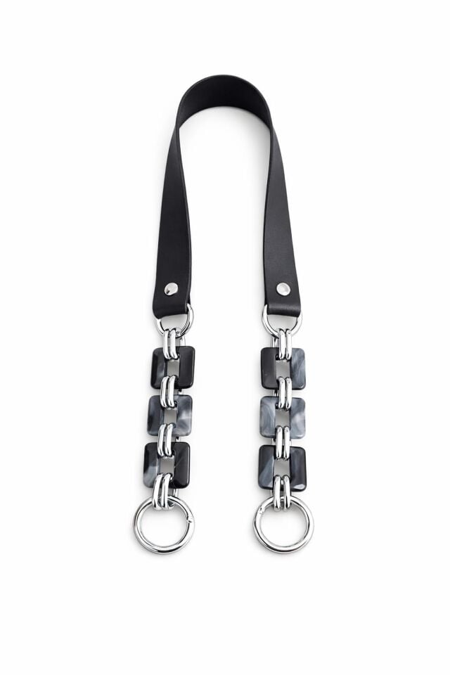 Nildenhobim Suni Derili Akrilik Kare Model Örgü ve Deri Çanta Sapları - 70 Cm ( Gümüş Renk Aksesuar -  Siyah Deri )